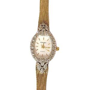 Vintage Gruen GR4748 Gold Ladies Quartz Diamond Wrist Watch Women's Jewelry